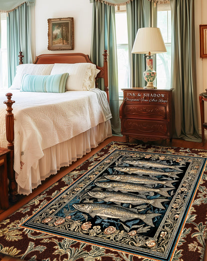 Elegant Nautical Ornate Sardine Area Rug | Nautical Style Marine Life Decor Coastal Bedroom Ocean Inspired Design Home Accent Cottagecore