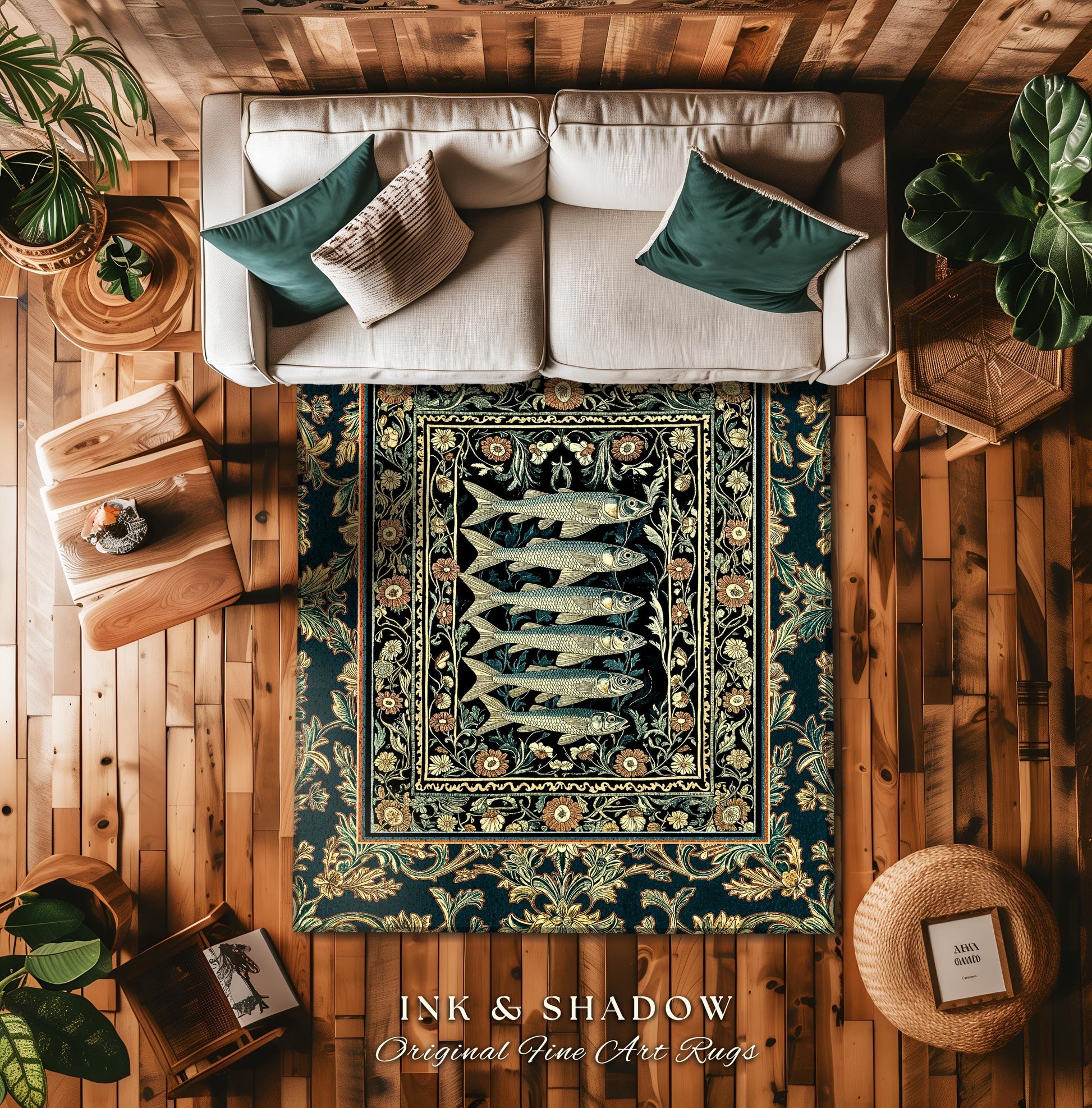 Oceancore Cozy Accent Rug Sardine | Indie Nautical Bedroom Marine Life Art Vintage Coastal Decor Under the Sea Scene Cottagecore Ornate |