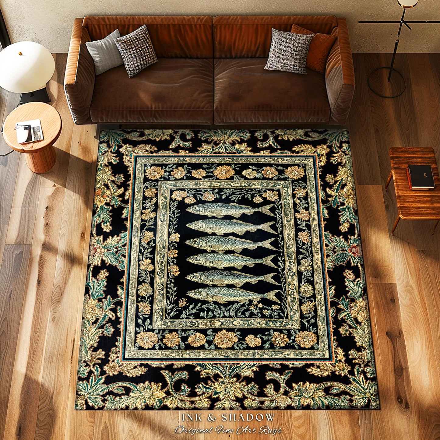 Whimsical Decor Fish Area Rug | Nautical Home Accent Sardine Illustration Marine Life Coastal Accent Playful Ocean Bedroom Maximalist Indie