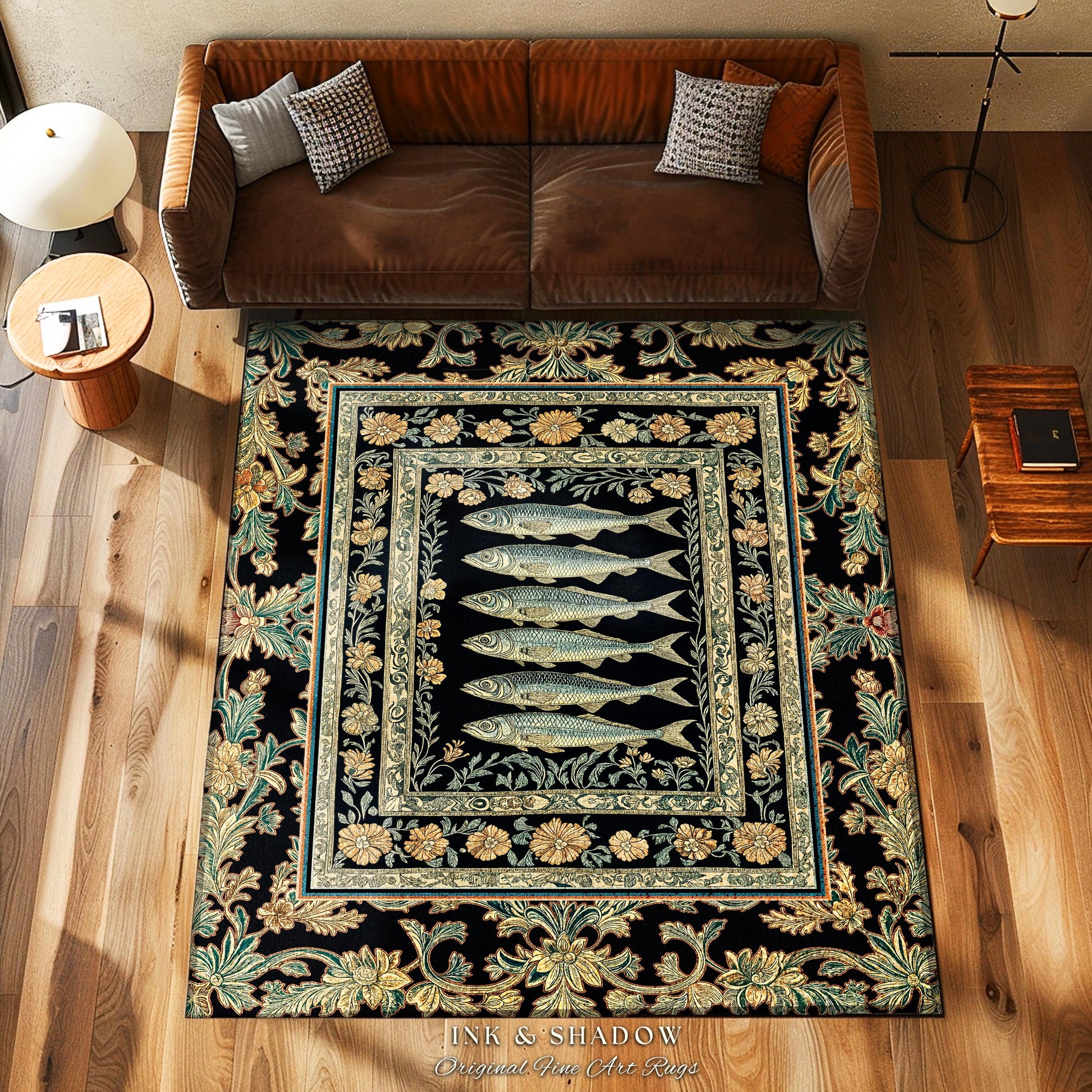 Whimsical Decor Fish Area Rug | Nautical Home Accent Sardine Illustration Marine Life Coastal Accent Playful Ocean Bedroom Maximalist Indie