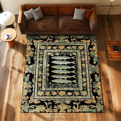 Whimsical Decor Fish Area Rug | Nautical Home Accent Sardine Illustration Marine Life Coastal Accent Playful Ocean Bedroom Maximalist Indie