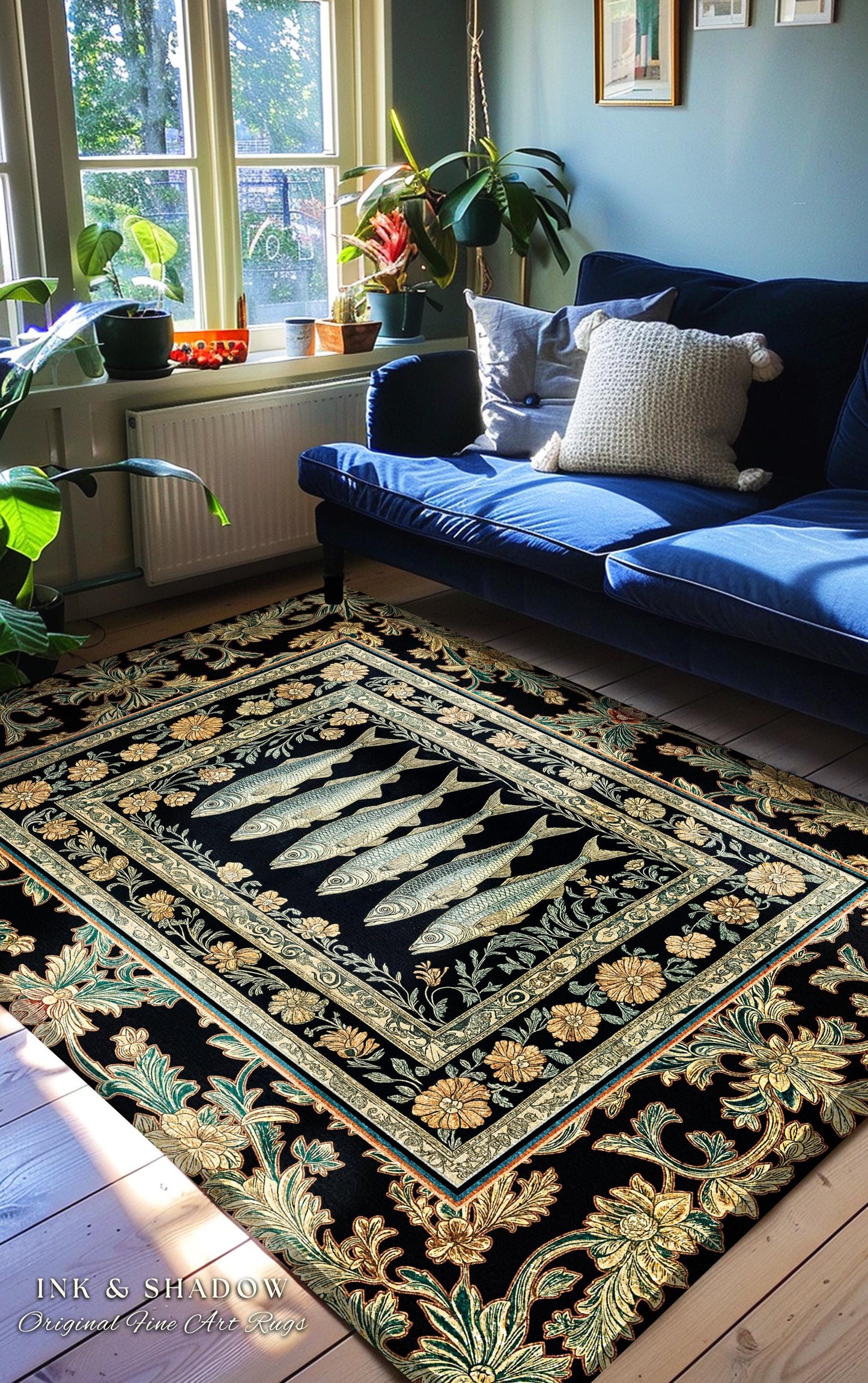 Whimsical Decor Fish Area Rug | Nautical Home Accent Sardine Illustration Marine Life Coastal Accent Playful Ocean Bedroom Maximalist Indie