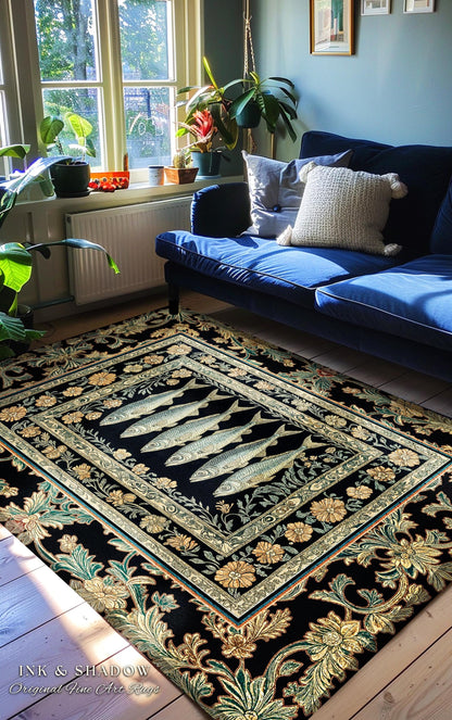 Whimsical Decor Fish Area Rug | Nautical Home Accent Sardine Illustration Marine Life Coastal Accent Playful Ocean Bedroom Maximalist Indie