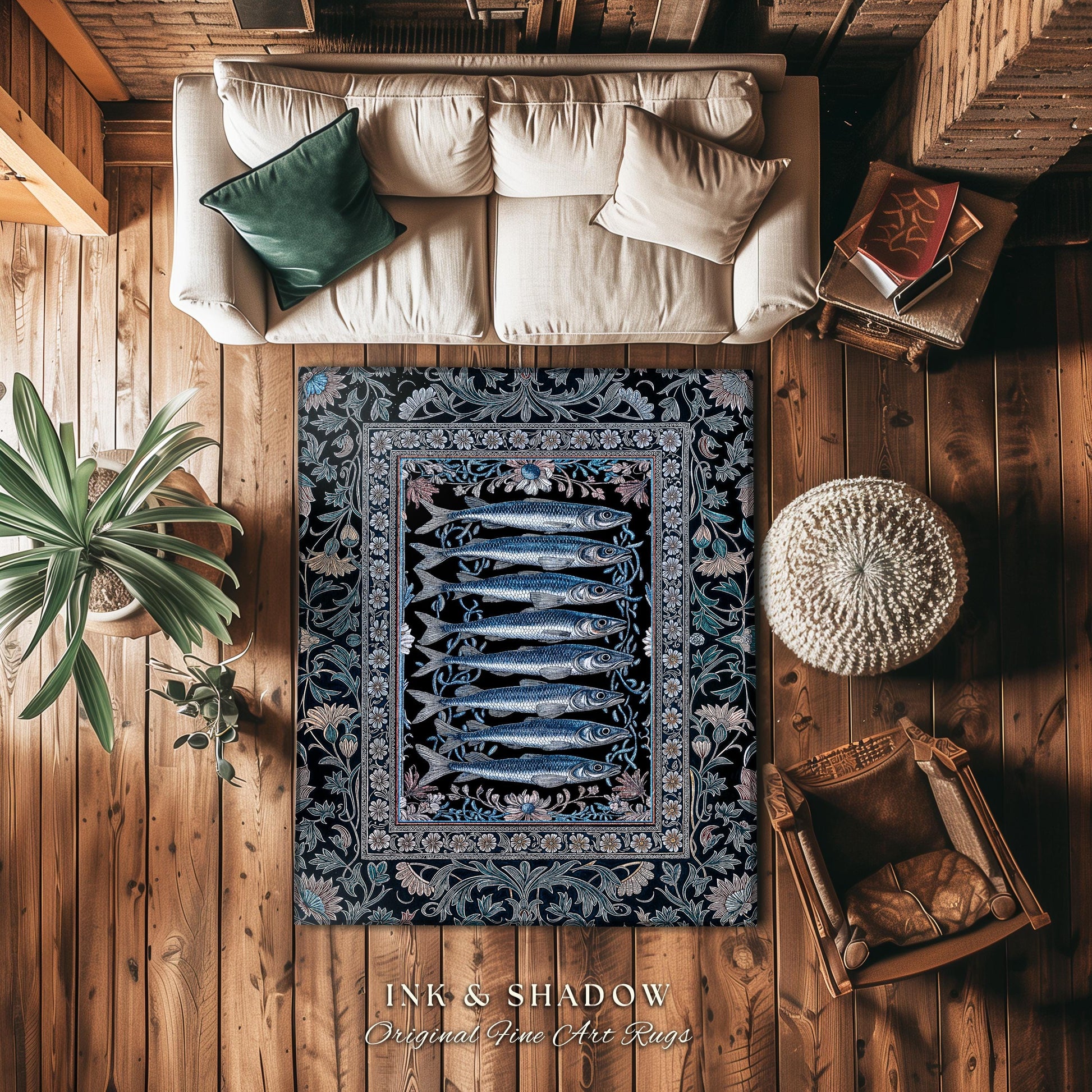Decorative Sardine Ocean-Inspired Area Rug | Baroque Coastal Art Home Accent Rug Moody Nautical Theme Whimsical Style Bedroom Sea Life Theme