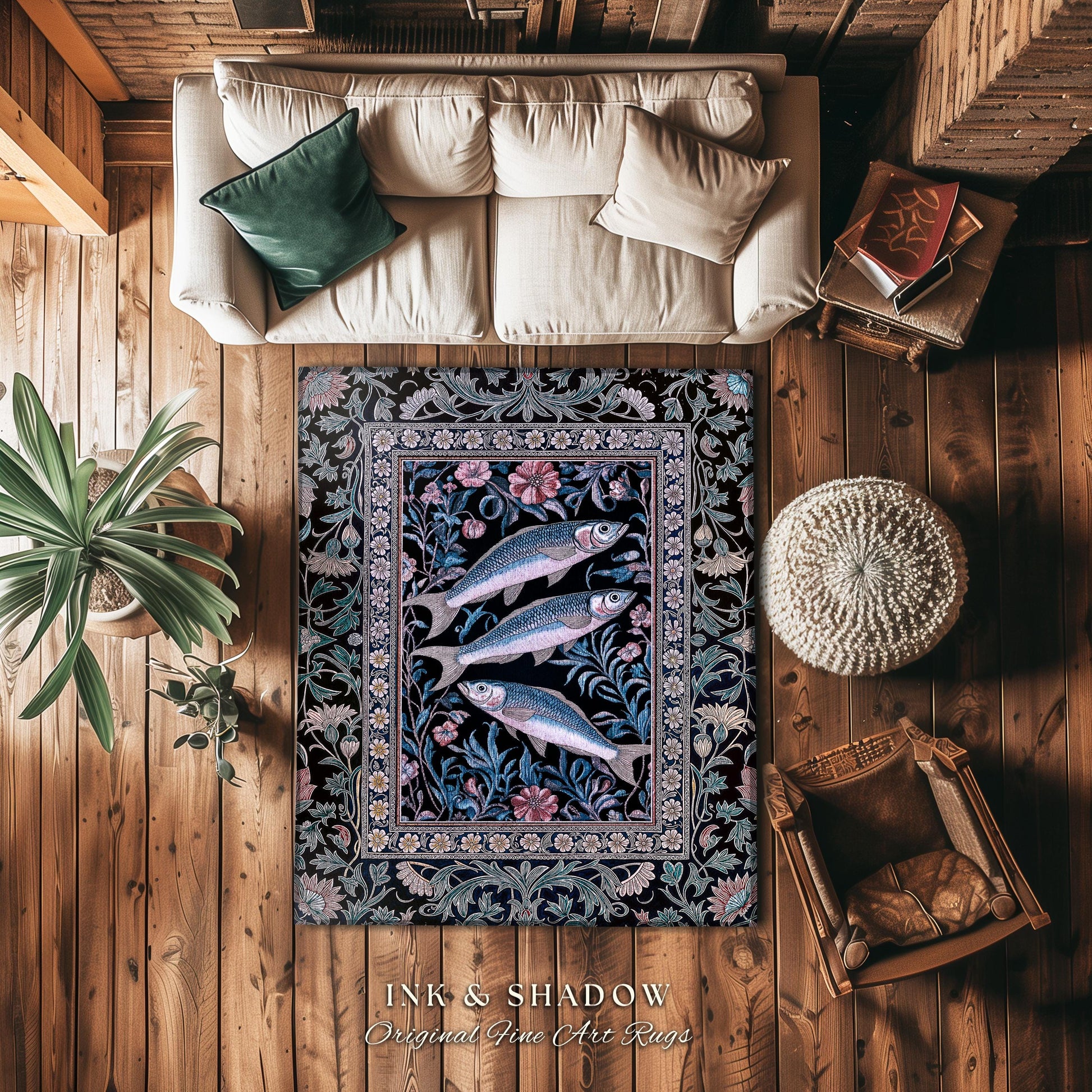 Ornate Coastal Fish Area Rug | Jacquard Home Accent Folk Botanical Sardine Design Vintage-Inspired Nautical Decor Eclectic Bedroom Accent |
