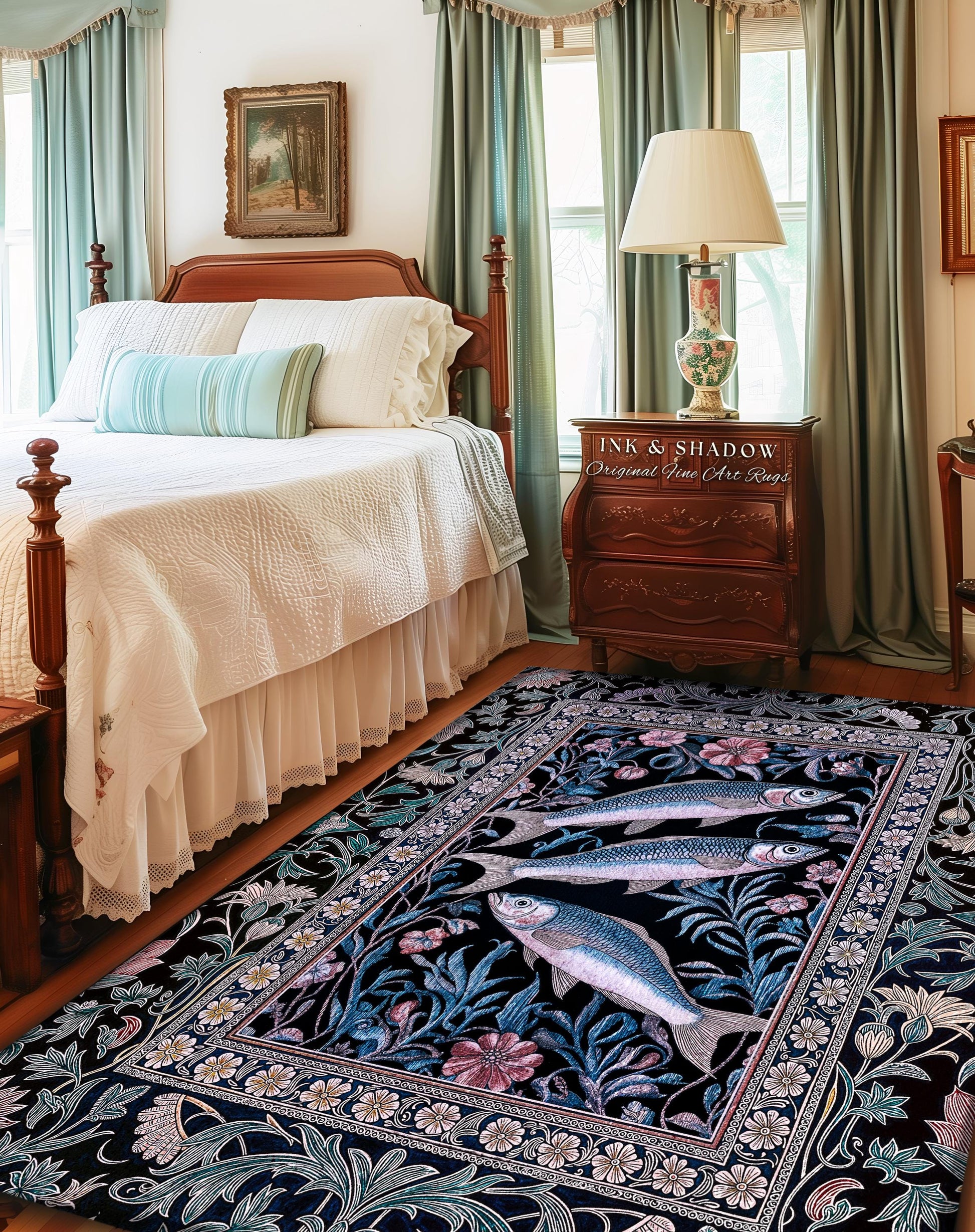Ornate Coastal Fish Area Rug | Jacquard Home Accent Folk Botanical Sardine Design Vintage-Inspired Nautical Decor Eclectic Bedroom Accent |
