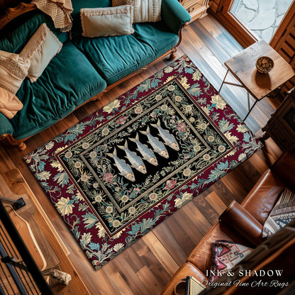 Eclectic Sardine Art Area Rug | Ornate Whimsical Coastal Design Maximalist Marine Art Ocean-Inspired Beach House Bedroom Accent Fish Decor