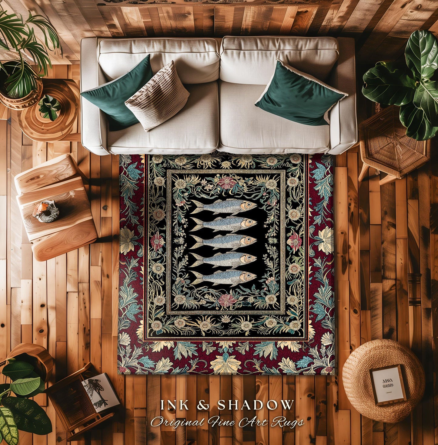 Eclectic Sardine Art Area Rug | Ornate Whimsical Coastal Design Maximalist Marine Art Ocean-Inspired Beach House Bedroom Accent Fish Decor