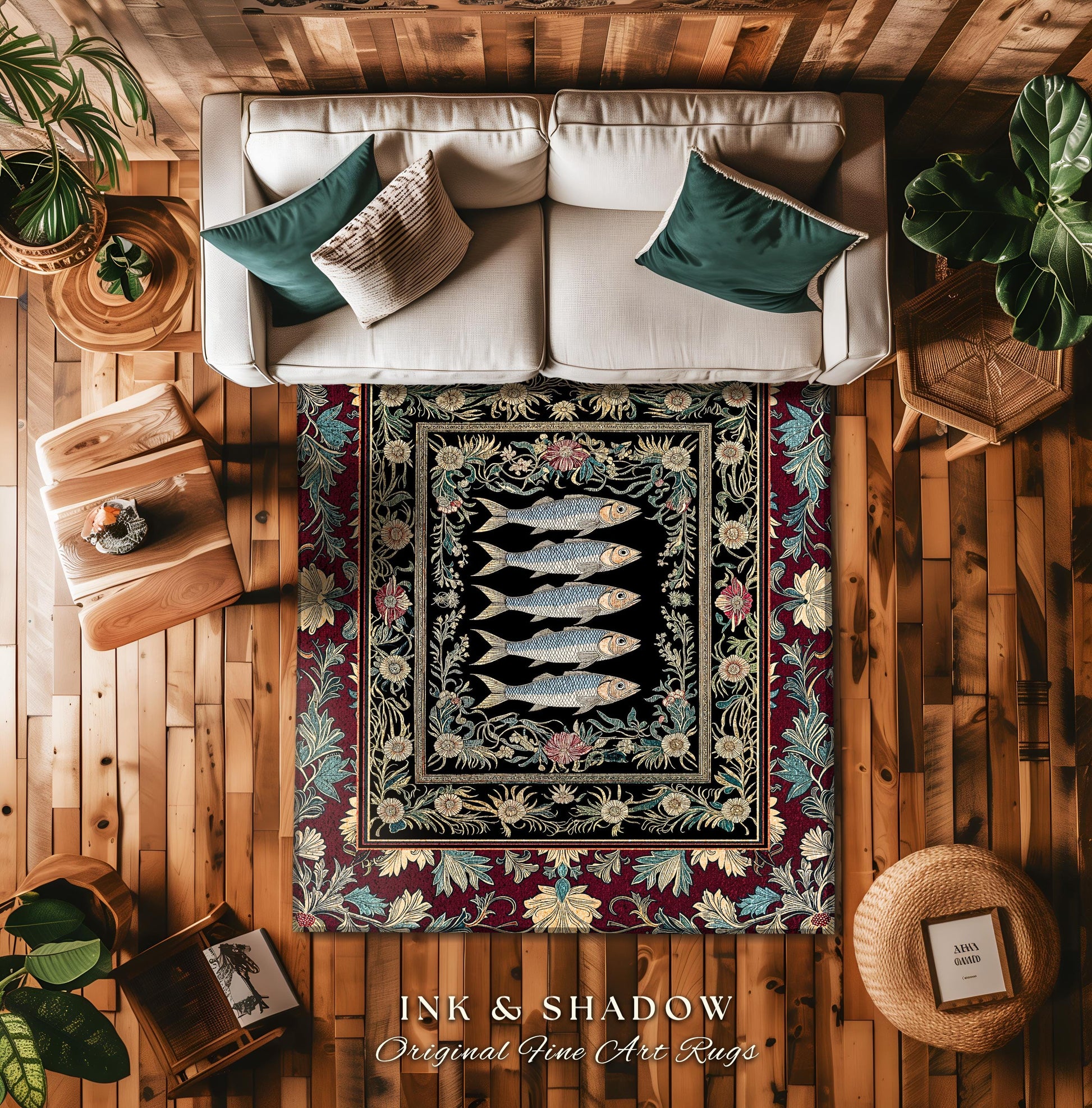 Eclectic Sardine Art Area Rug | Ornate Whimsical Coastal Design Maximalist Marine Art Ocean-Inspired Beach House Bedroom Accent Fish Decor