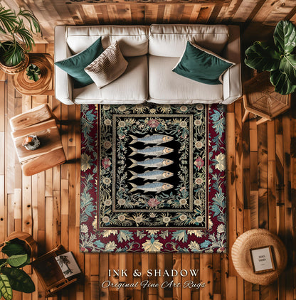 Eclectic Sardine Art Area Rug | Ornate Whimsical Coastal Design Maximalist Marine Art Ocean-Inspired Beach House Bedroom Accent Fish Decor