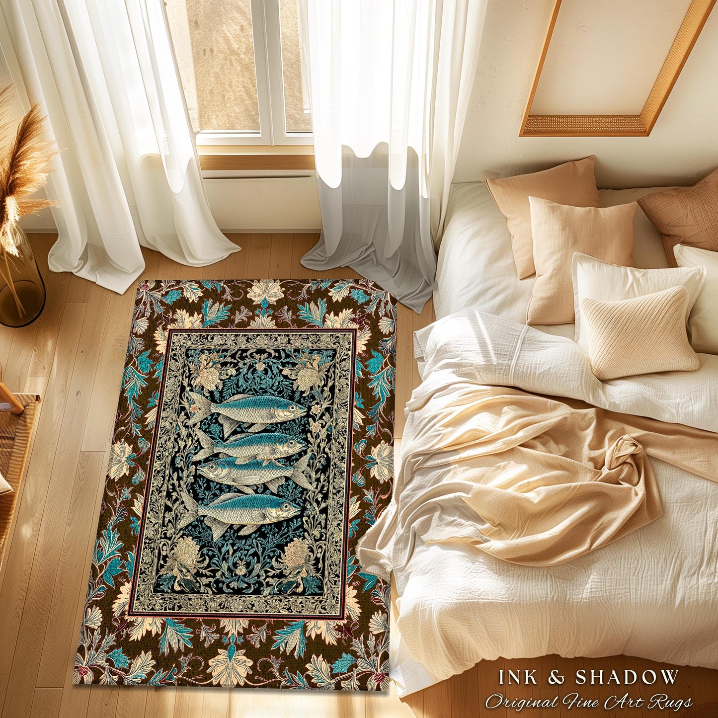 Maximalist Maritime Accent Rug | Nautical Folk Art-Inspired Area Rug Jacquard Marine Scene Coastal Botanical Oceancore Bedroom Mermaidcore