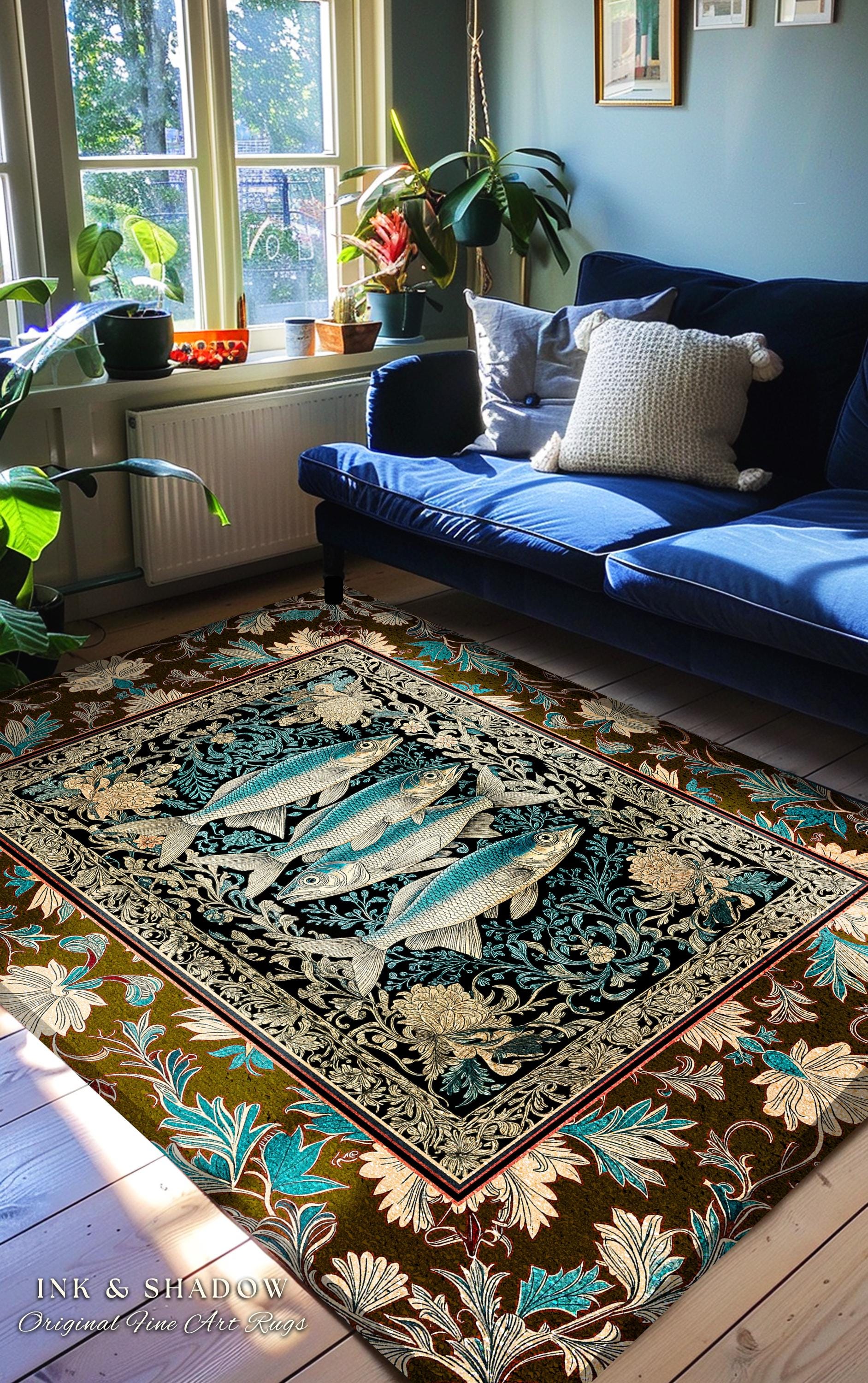Maximalist Maritime Accent Rug | Nautical Folk Art-Inspired Area Rug Jacquard Marine Scene Coastal Botanical Oceancore Bedroom Mermaidcore