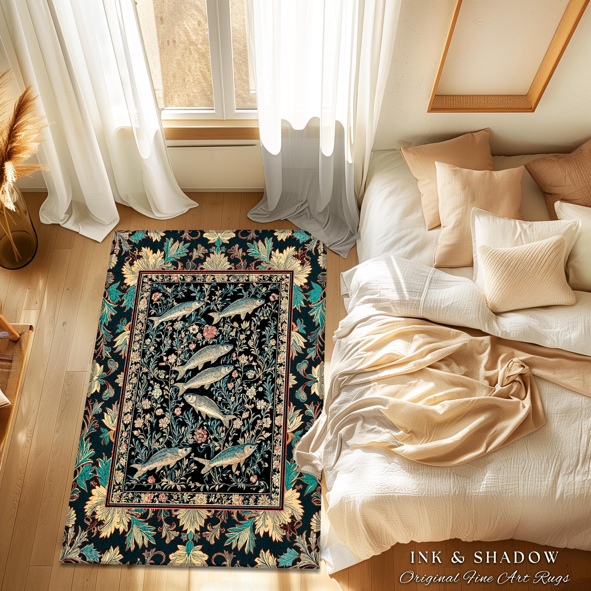 Ocean Gothic Baroque Accent Rug | Vintage Coastal Bohemian Sardine Marine Magic Whimsical Sea Folk Art Nautical Area Rug Beach House Decor