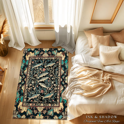Ocean Gothic Baroque Accent Rug | Vintage Coastal Bohemian Sardine Marine Magic Whimsical Sea Folk Art Nautical Area Rug Beach House Decor