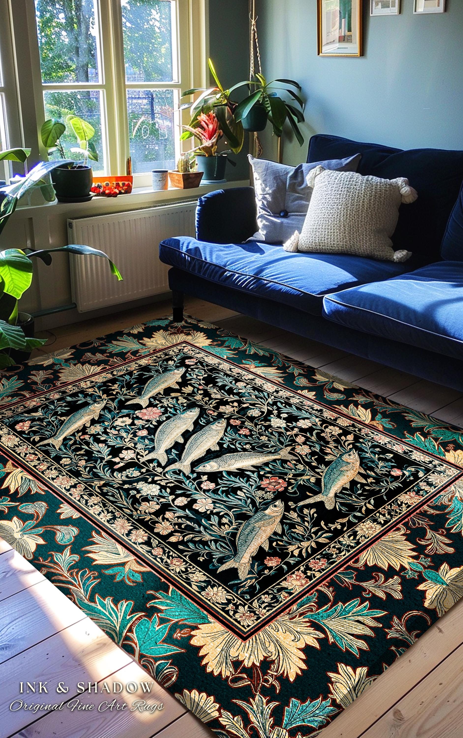 Ocean Gothic Baroque Accent Rug | Vintage Coastal Bohemian Sardine Marine Magic Whimsical Sea Folk Art Nautical Area Rug Beach House Decor