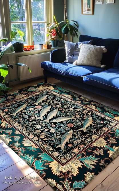 Ocean Gothic Baroque Accent Rug | Vintage Coastal Bohemian Sardine Marine Magic Whimsical Sea Folk Art Nautical Area Rug Beach House Decor