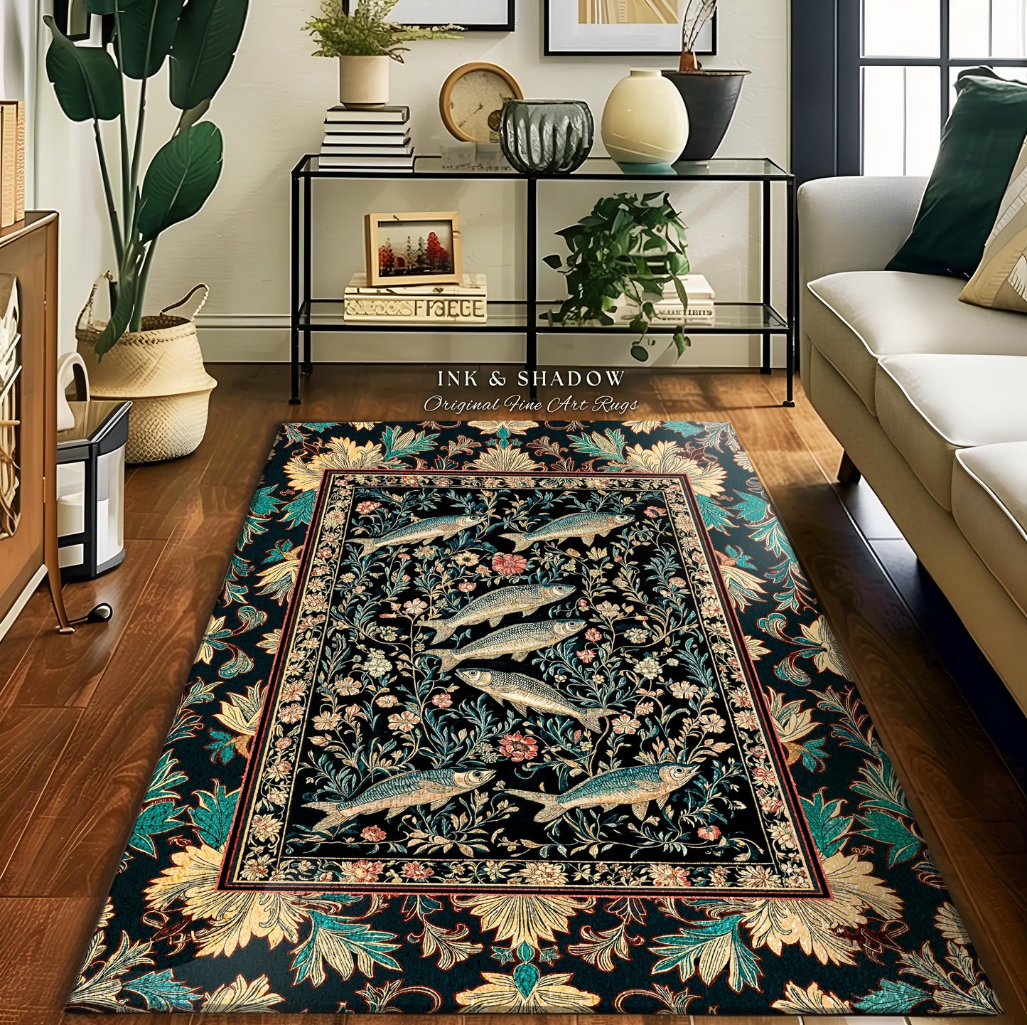 Ocean Gothic Baroque Accent Rug | Vintage Coastal Bohemian Sardine Marine Magic Whimsical Sea Folk Art Nautical Area Rug Beach House Decor