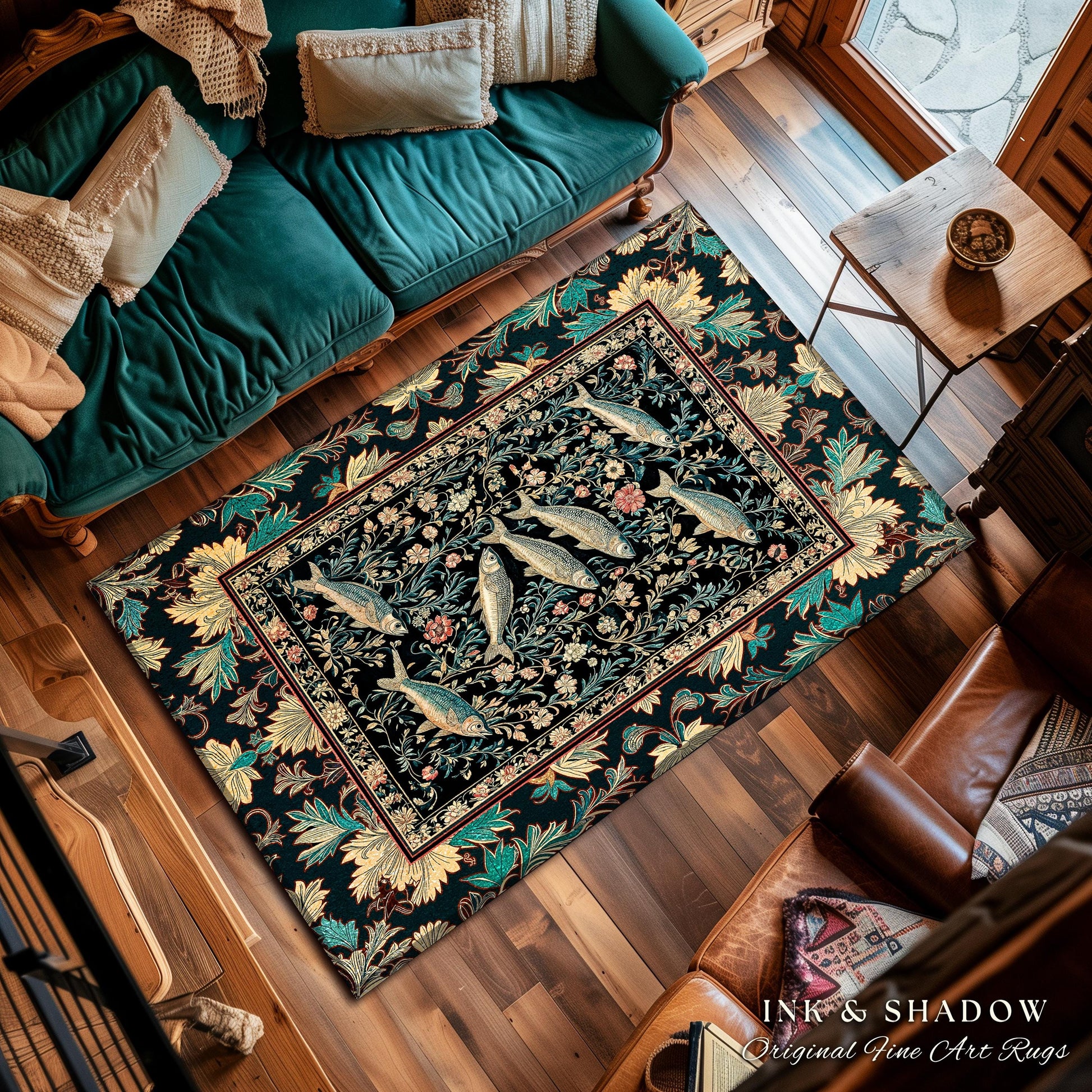 Ocean Gothic Baroque Accent Rug | Vintage Coastal Bohemian Sardine Marine Magic Whimsical Sea Folk Art Nautical Area Rug Beach House Decor