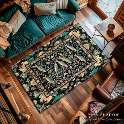 Ocean Gothic Baroque Accent Rug | Vintage Coastal Bohemian Sardine Marine Magic Whimsical Sea Folk Art Nautical Area Rug Beach House Decor