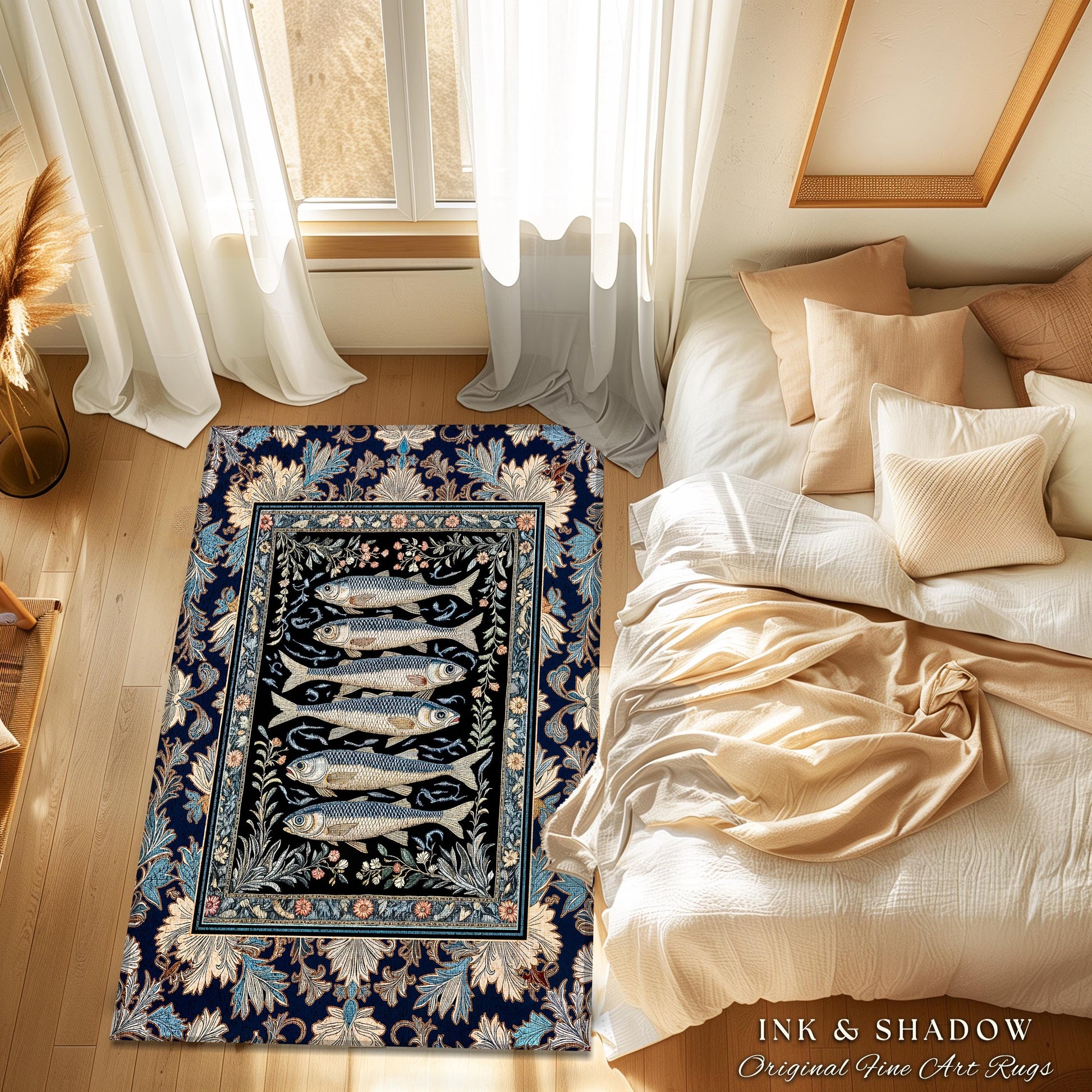 Dreamy Ocean Theme Area Rug | Sardine Theme Fish Design Nautical Cottagecore Sea Art Print Folk Coastal Bedroom Accent Decor Maritime Magic