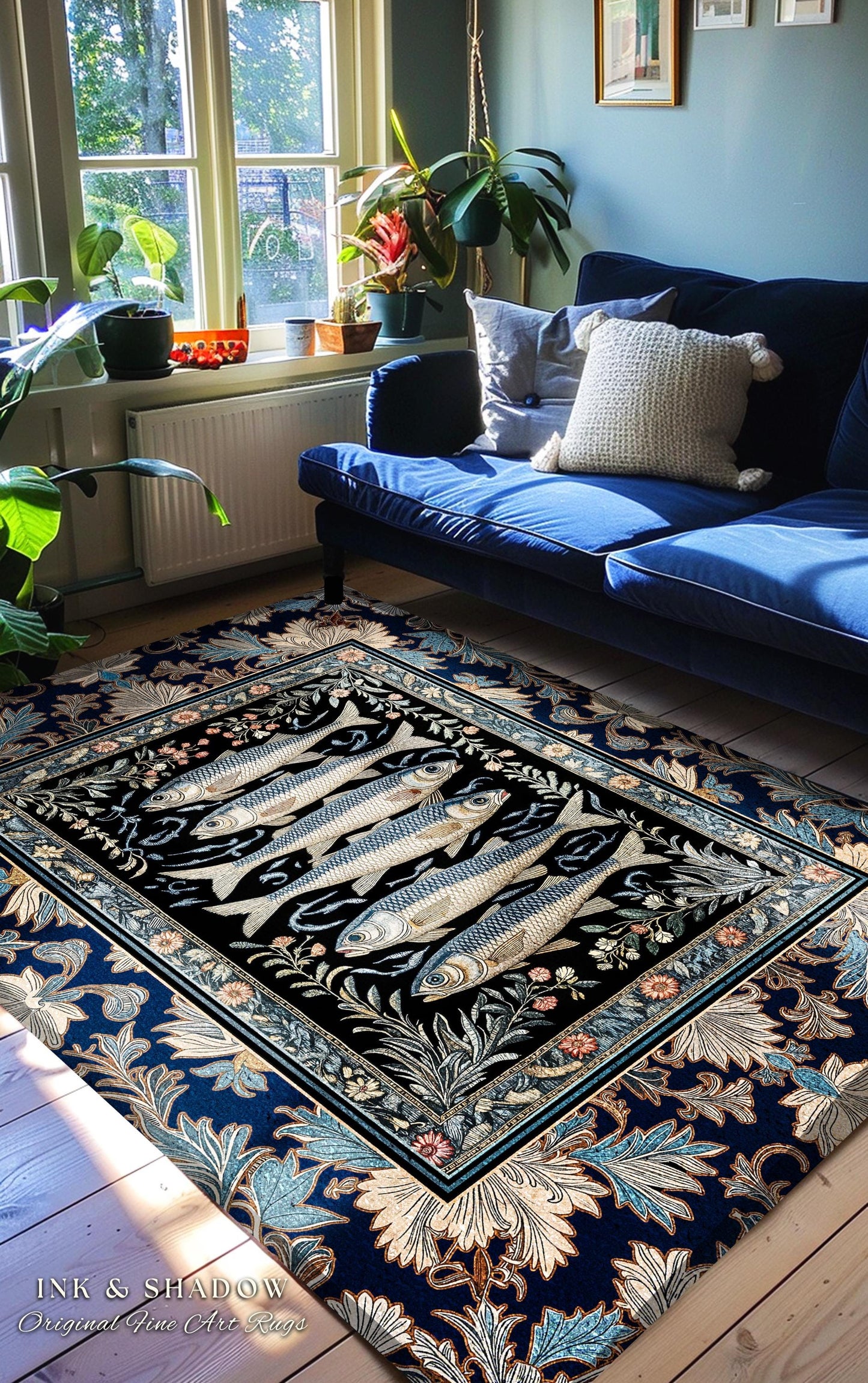 Dreamy Ocean Theme Area Rug | Sardine Theme Fish Design Nautical Cottagecore Sea Art Print Folk Coastal Bedroom Accent Decor Maritime Magic
