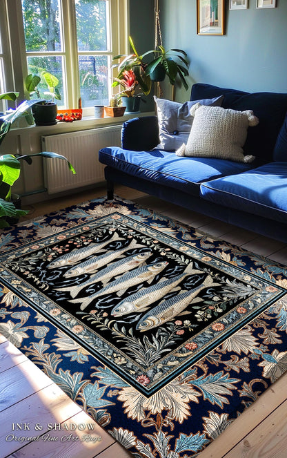 Dreamy Ocean Theme Area Rug | Sardine Theme Fish Design Nautical Cottagecore Sea Art Print Folk Coastal Bedroom Accent Decor Maritime Magic