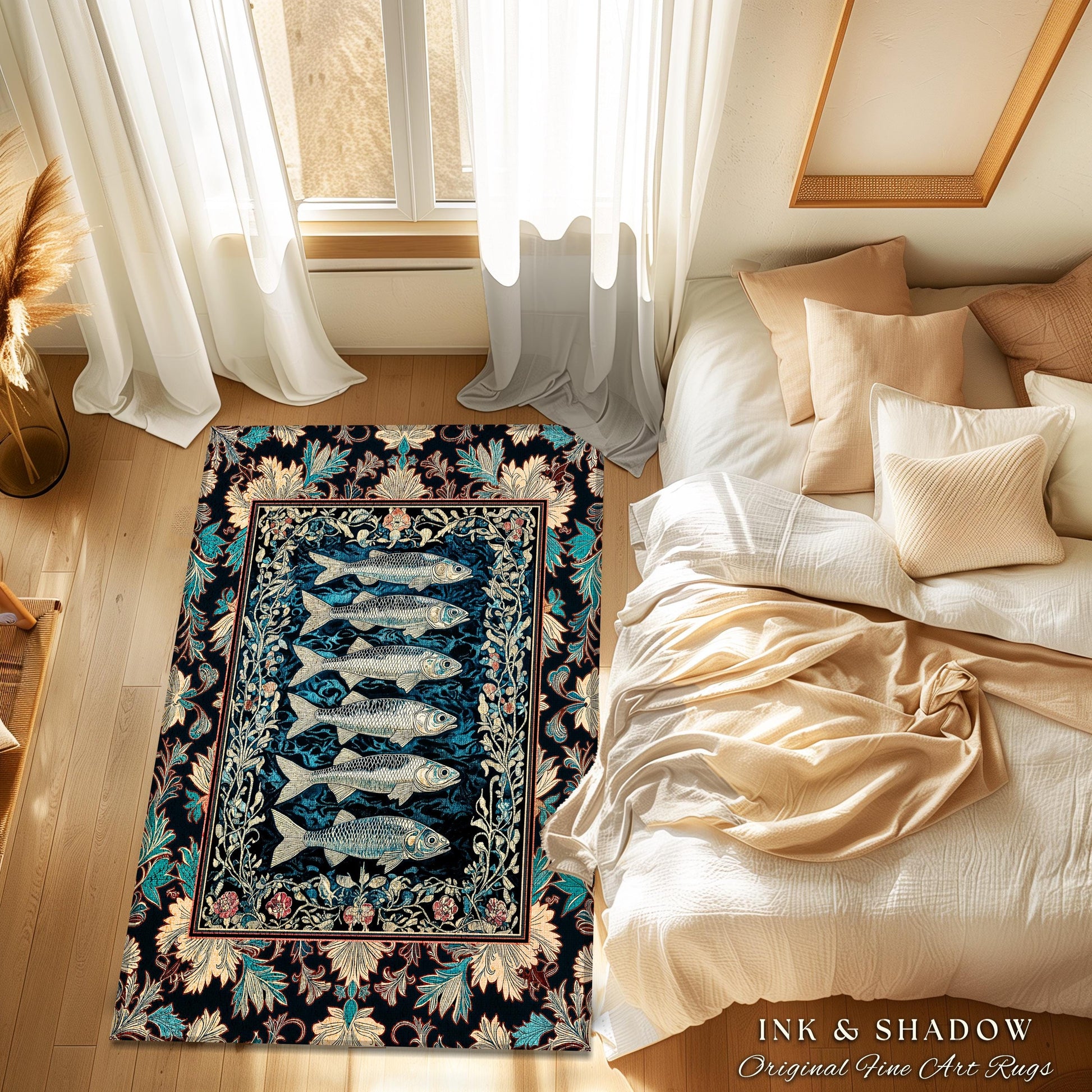 Nautical Folk Art Sardine Area Rug | Nautical Folk Art-Inspired Bedroom Marine Scene Coastal Botanical Home Accent Boho Oceancore Mermaid |