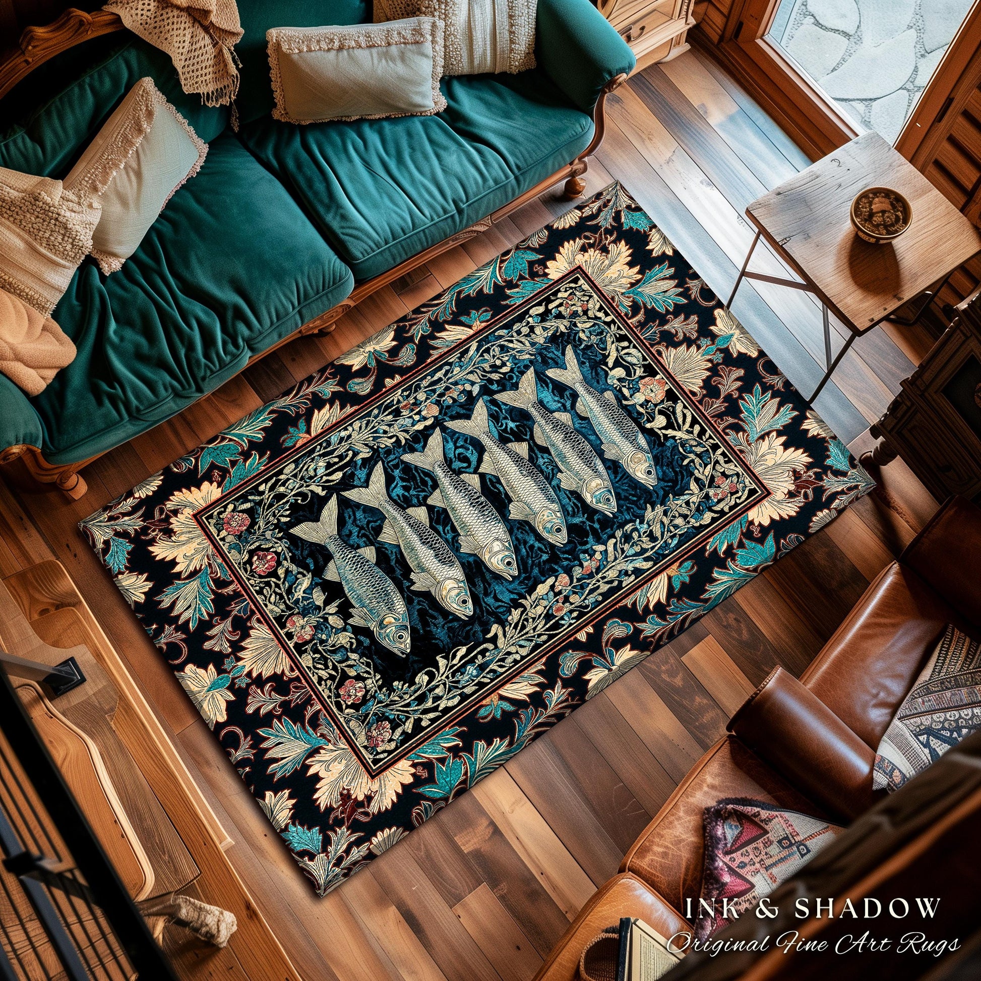 Nautical Folk Art Sardine Area Rug | Nautical Folk Art-Inspired Bedroom Marine Scene Coastal Botanical Home Accent Boho Oceancore Mermaid |