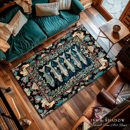 Nautical Folk Art Sardine Area Rug | Nautical Folk Art-Inspired Bedroom Marine Scene Coastal Botanical Home Accent Boho Oceancore Mermaid |