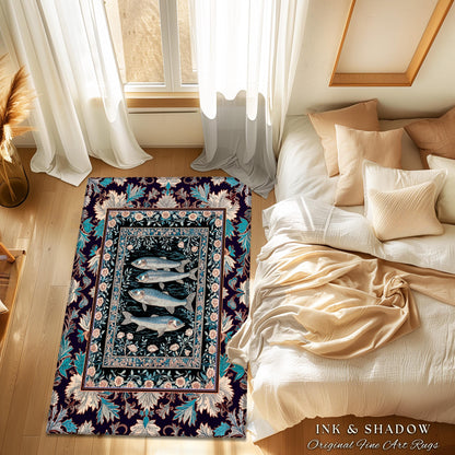 Marine Folklore Ornate Accent Rug | Sardine Nautical Bedroom Area Rug Underwater Story Coastal Aesthetic Fish Trendy Ocean Decor Beachy |