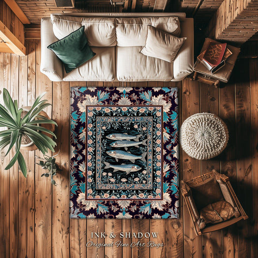 Marine Folklore Ornate Accent Rug | Sardine Nautical Bedroom Area Rug Underwater Story Coastal Aesthetic Fish Trendy Ocean Decor Beachy |