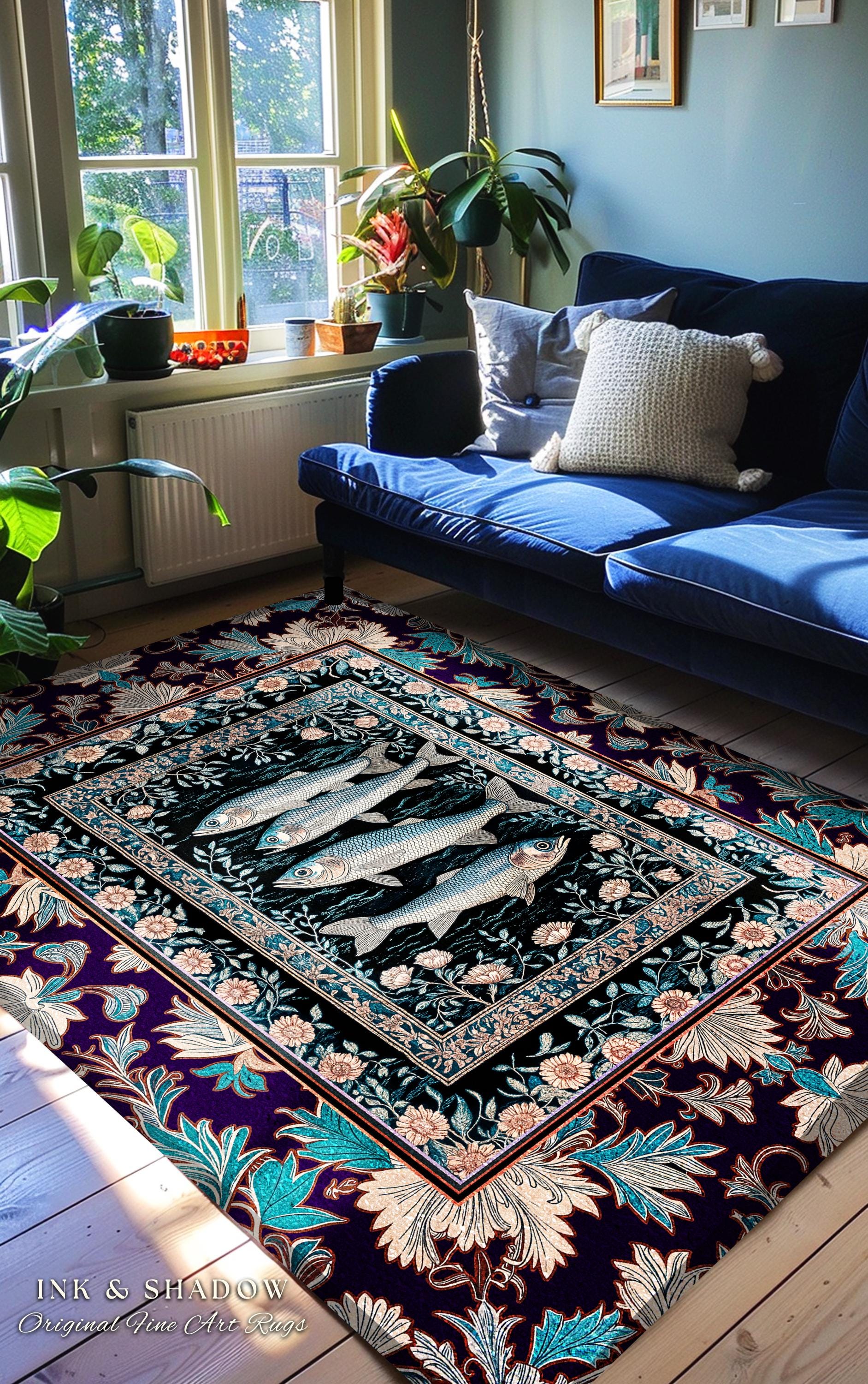 Marine Folklore Ornate Accent Rug | Sardine Nautical Bedroom Area Rug Underwater Story Coastal Aesthetic Fish Trendy Ocean Decor Beachy |