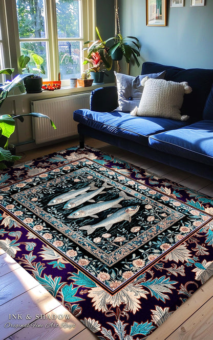 Marine Folklore Ornate Accent Rug | Sardine Nautical Bedroom Area Rug Underwater Story Coastal Aesthetic Fish Trendy Ocean Decor Beachy |