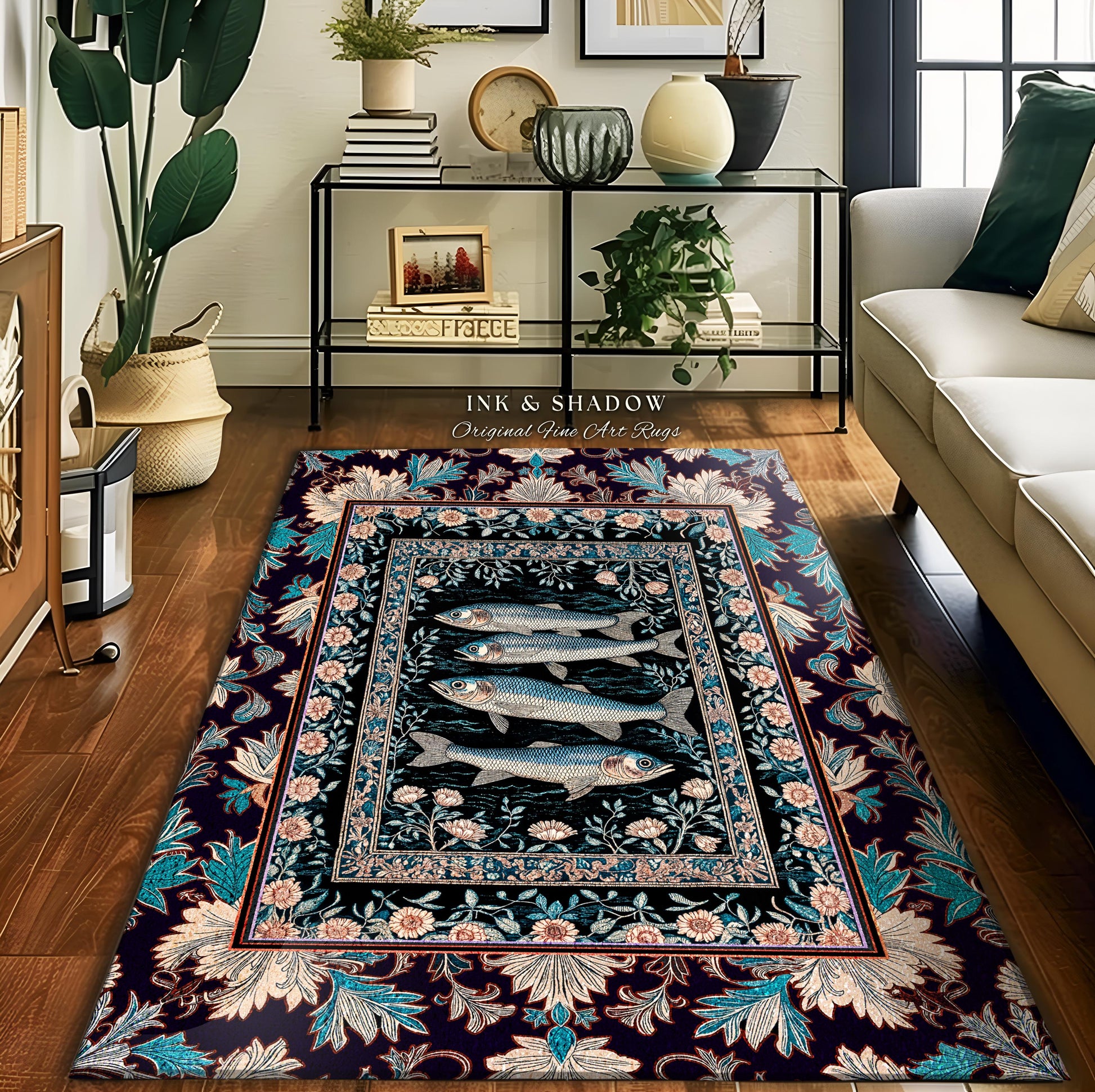 Marine Folklore Ornate Accent Rug | Sardine Nautical Bedroom Area Rug Underwater Story Coastal Aesthetic Fish Trendy Ocean Decor Beachy |