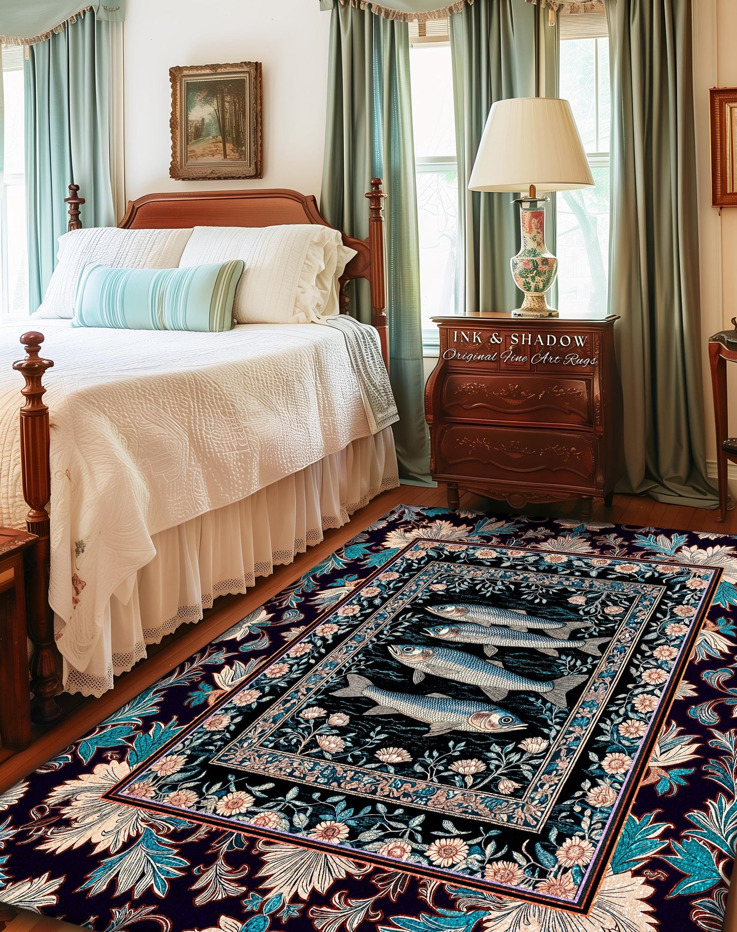 Marine Folklore Ornate Accent Rug | Sardine Nautical Bedroom Area Rug Underwater Story Coastal Aesthetic Fish Trendy Ocean Decor Beachy |