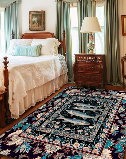 Marine Folklore Ornate Accent Rug | Sardine Nautical Bedroom Area Rug Underwater Story Coastal Aesthetic Fish Trendy Ocean Decor Beachy |