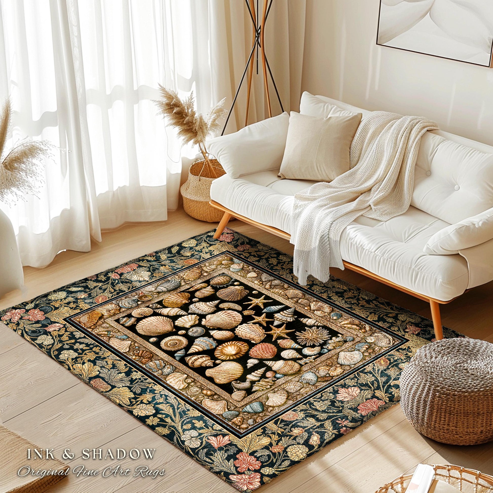 Rustic Seaside Shell Art Cozy Blanket | Oceanic Nature Tapestry Coastal Illustration Marine Life Woven Decor Nautical Maximalist Beach Style
