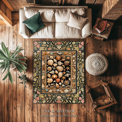 Rustic Seaside Shell Art Cozy Blanket | Oceanic Nature Tapestry Coastal Illustration Marine Life Woven Decor Nautical Maximalist Beach Style