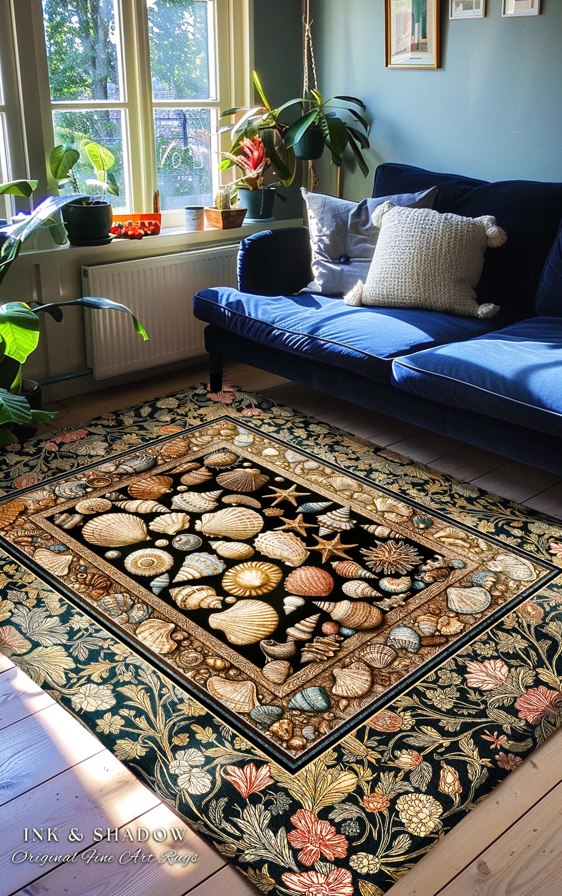 Rustic Seaside Shell Art Cozy Blanket | Oceanic Nature Tapestry Coastal Illustration Marine Life Woven Decor Nautical Maximalist Beach Style