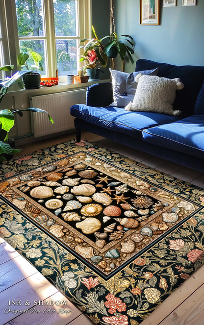 Rustic Seaside Shell Art Cozy Blanket | Oceanic Nature Tapestry Coastal Illustration Marine Life Woven Decor Nautical Maximalist Beach Style