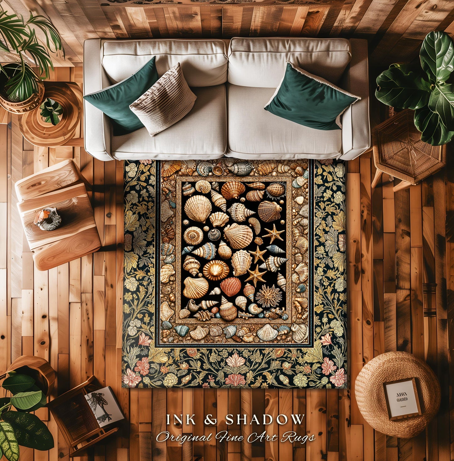 Rustic Seaside Shell Art Cozy Blanket | Oceanic Nature Tapestry Coastal Illustration Marine Life Woven Decor Nautical Maximalist Beach Style