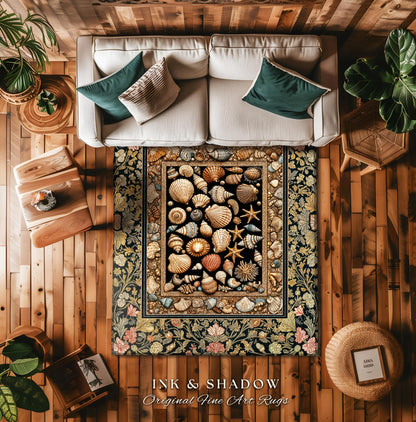 Rustic Seaside Shell Art Cozy Blanket | Oceanic Nature Tapestry Coastal Illustration Marine Life Woven Decor Nautical Maximalist Beach Style
