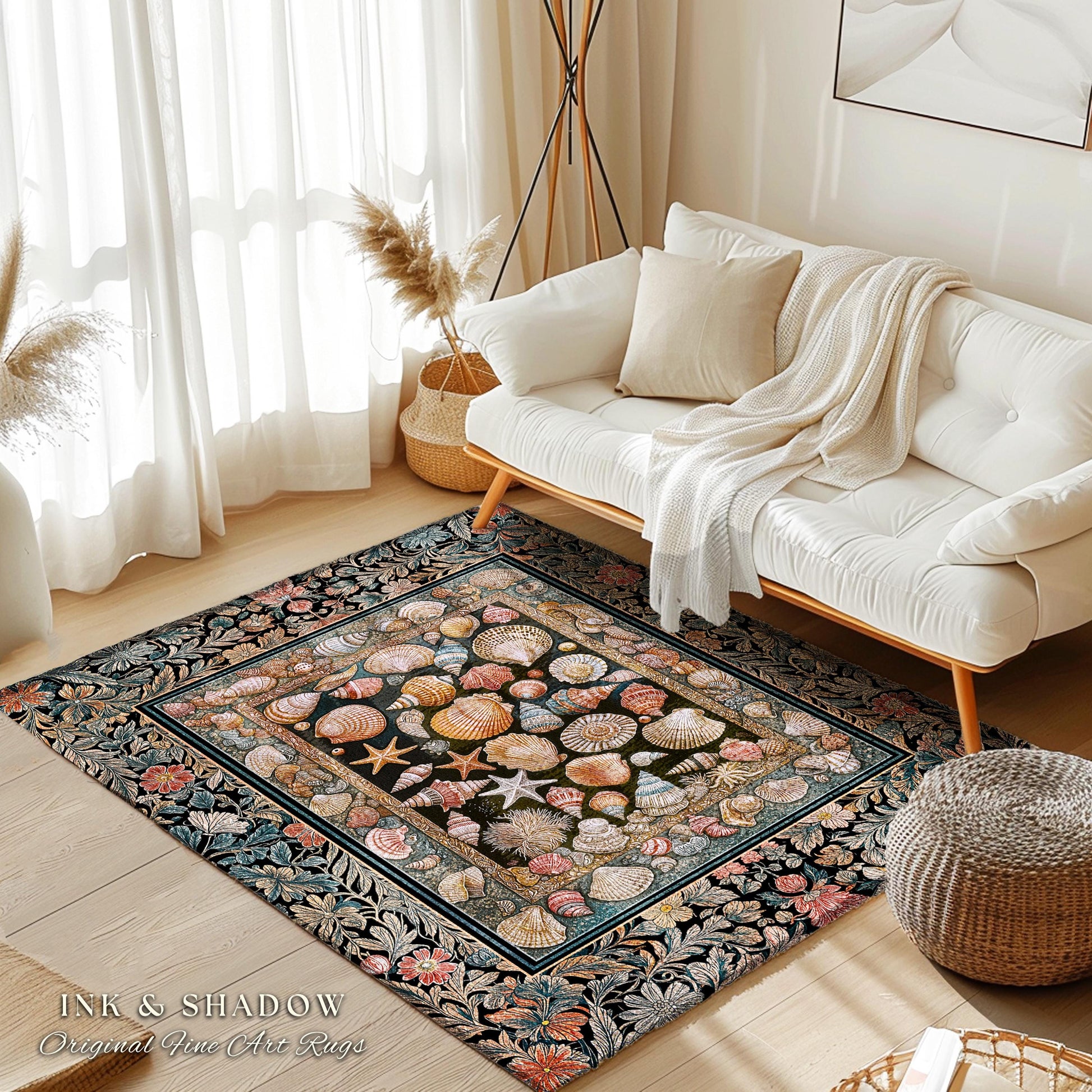 Whimsical Sea Shell Beachy Area Rug | Rustic Beach House Aesthetic Marine-Inspired Art Nautical Design Boho Decor Ocean Lore Coastal Accent