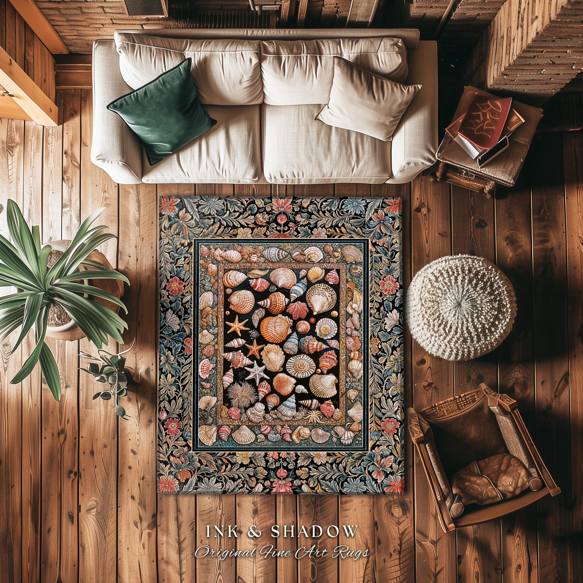 Whimsical Sea Shell Beachy Area Rug | Rustic Beach House Aesthetic Marine-Inspired Art Nautical Design Boho Decor Ocean Lore Coastal Accent