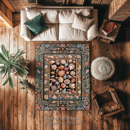 Whimsical Sea Shell Beachy Area Rug | Rustic Beach House Aesthetic Marine-Inspired Art Nautical Design Boho Decor Ocean Lore Coastal Accent