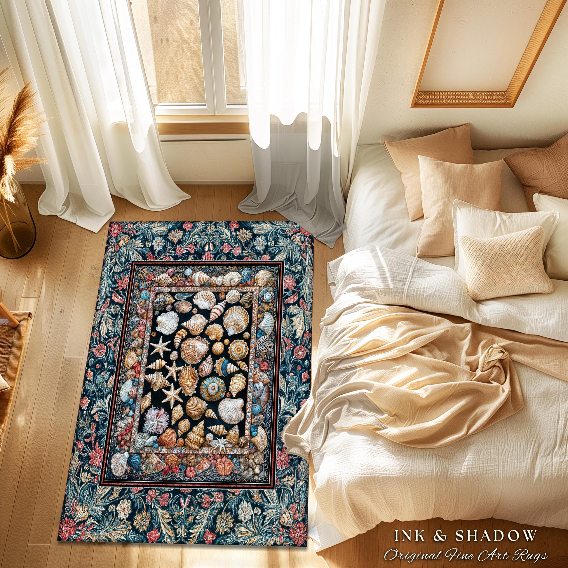 Coastal Curiosities Eclectic Accent Rug | Maximalist Ocean Art Seashell Mermaidcore Nautical Coquette Starfish Marine Aesthetic Bedroom |