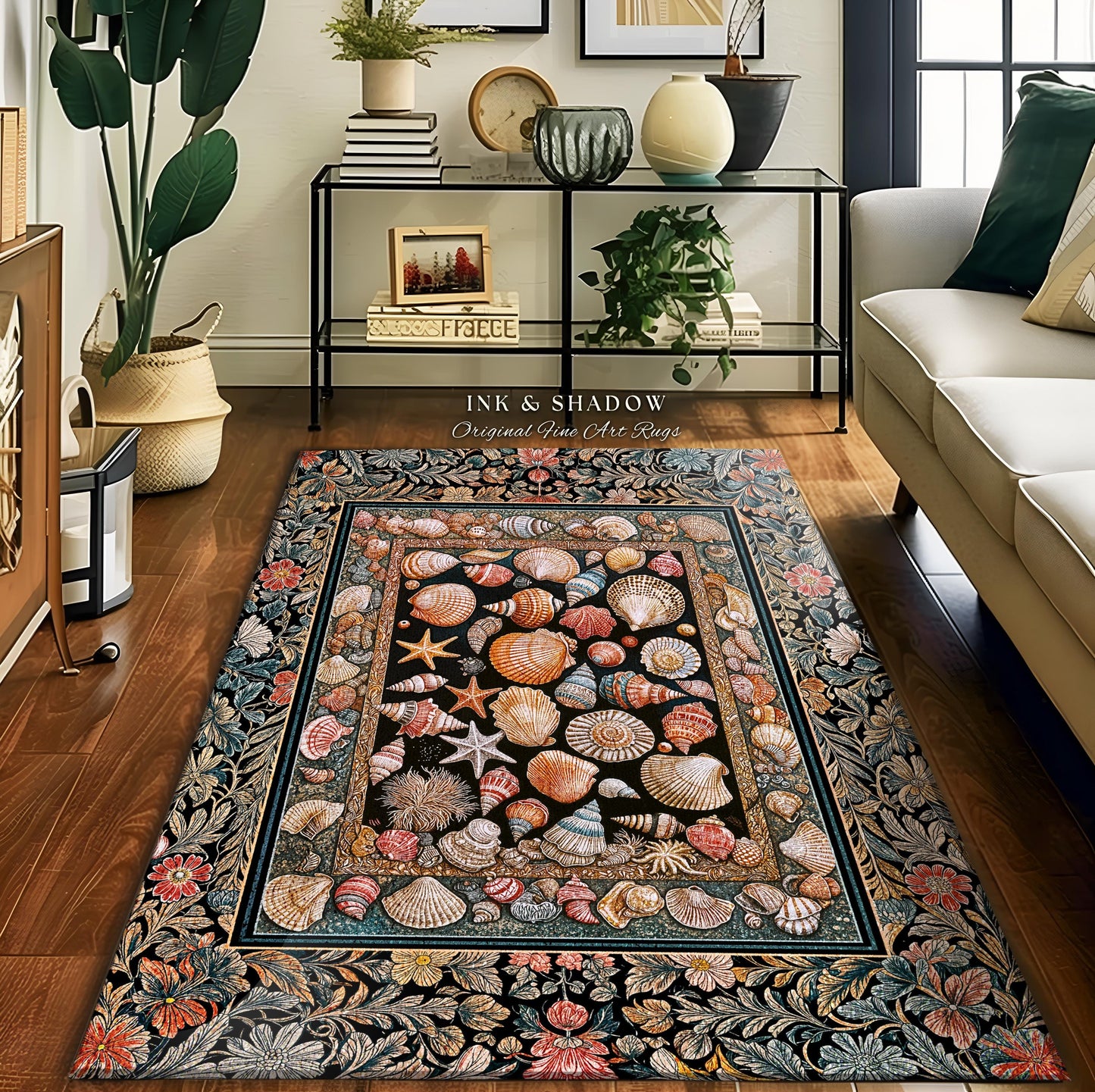 Whimsical Sea Shell Beachy Area Rug | Rustic Beach House Aesthetic Marine-Inspired Art Nautical Design Boho Decor Ocean Lore Coastal Accent