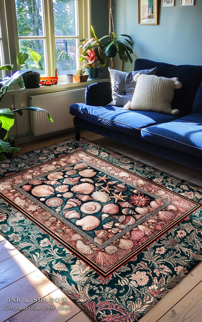 Ornate Sea Life Accent Rug | Victorian Ocean Design Classic Nautical Shell Illustration Coastal Decor Mermaidcore Boho Beach House Aesthetic