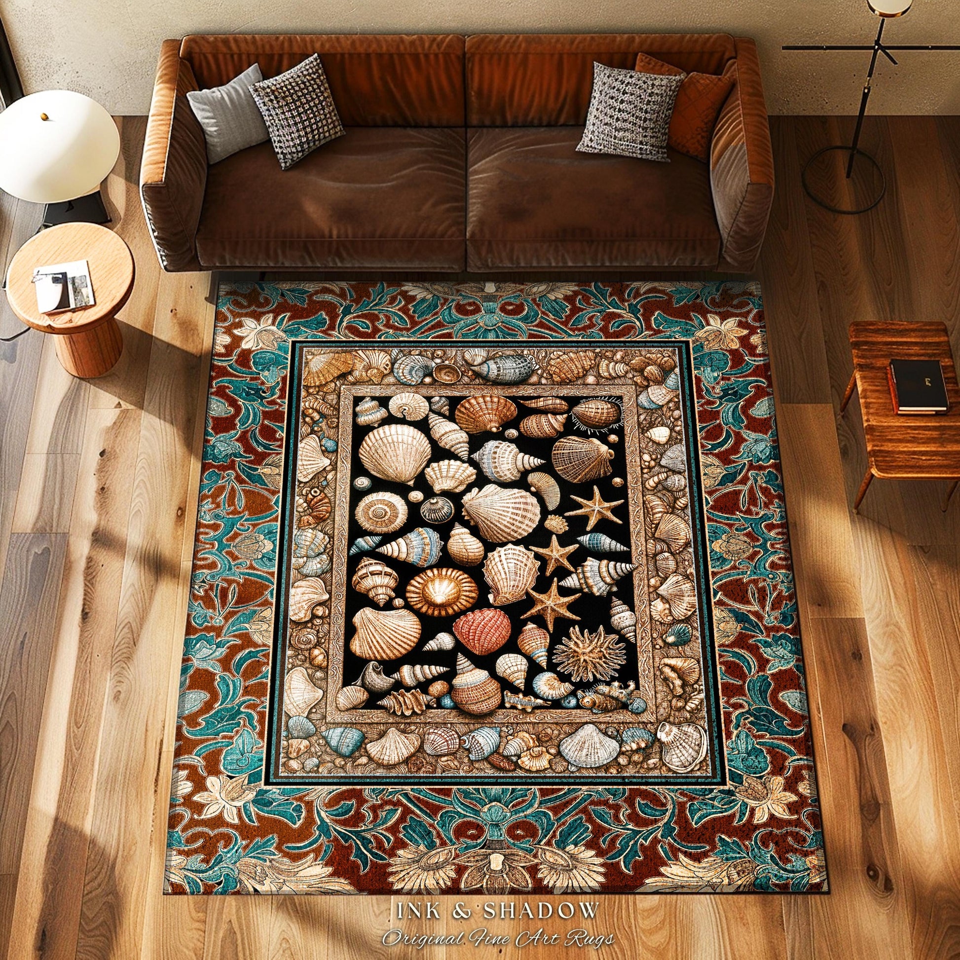 Maximalist Coastal Seashell Area Rug | Ocean Aesthetic Home Accent Starfish Sea Life Decor Nautical Beach House Vintage Cottagecore Style |