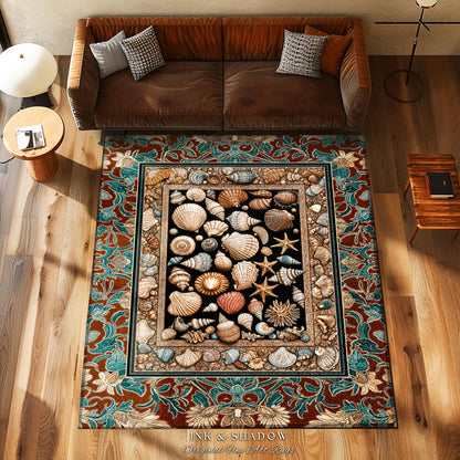 Maximalist Coastal Seashell Area Rug | Ocean Aesthetic Home Accent Starfish Sea Life Decor Nautical Beach House Vintage Cottagecore Style |